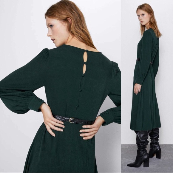 Zara NWT Bottle Green Wrinkled Look Feminine Fit Bloggers Favorite Dress XS - Picture 6 of 9